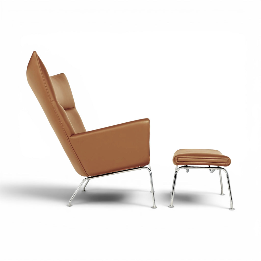 CH445 Lounge Chair and Ottoman Replica in tan Leather side view | Modern Approach