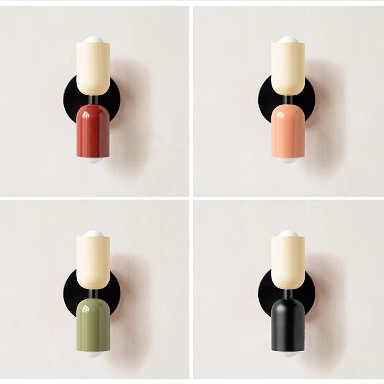 Four wall sconces with different colored bases on a white background